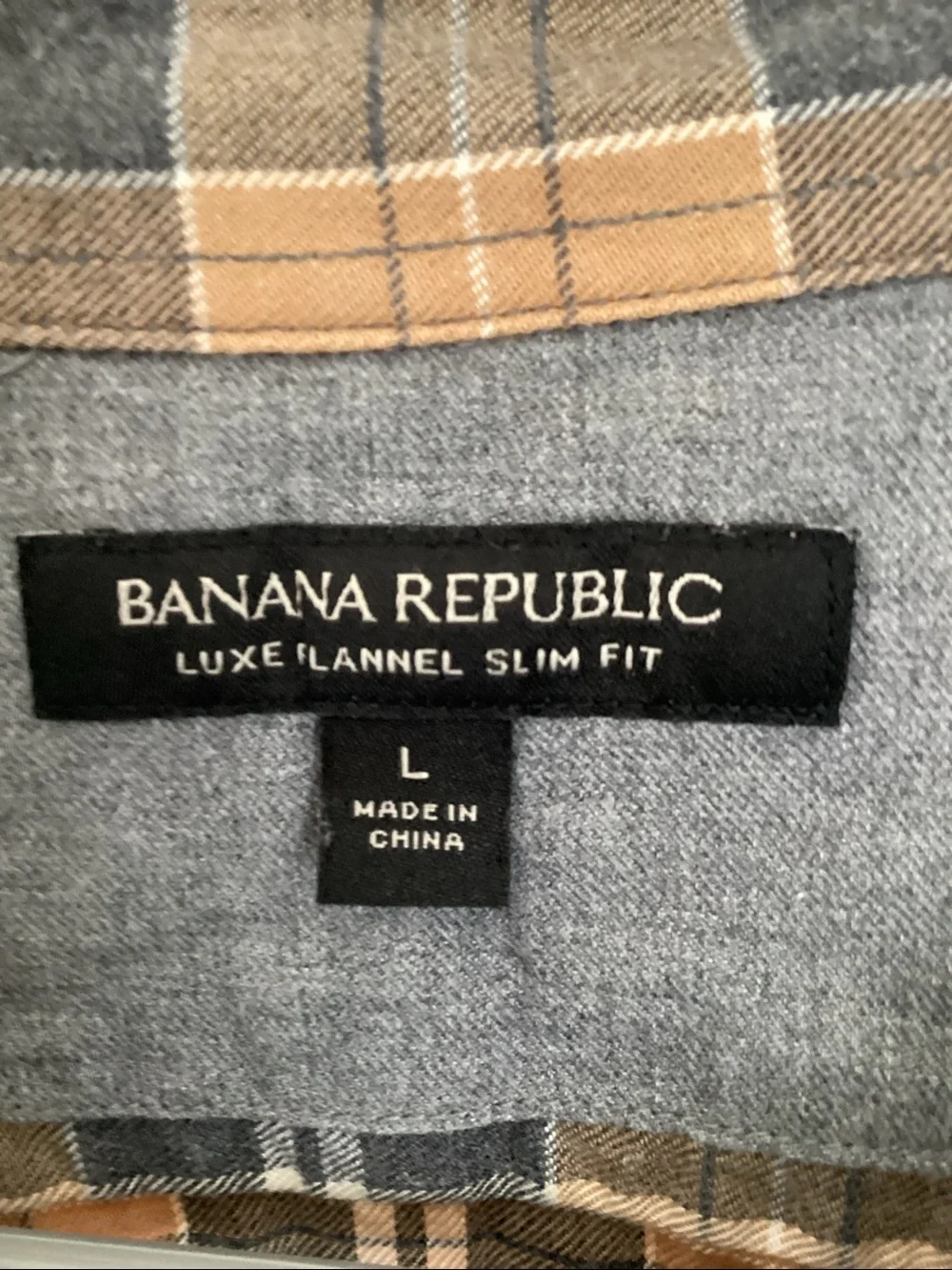 Banana Republic Men’s Tan, Grey, White Plaid Button-Up Shirt